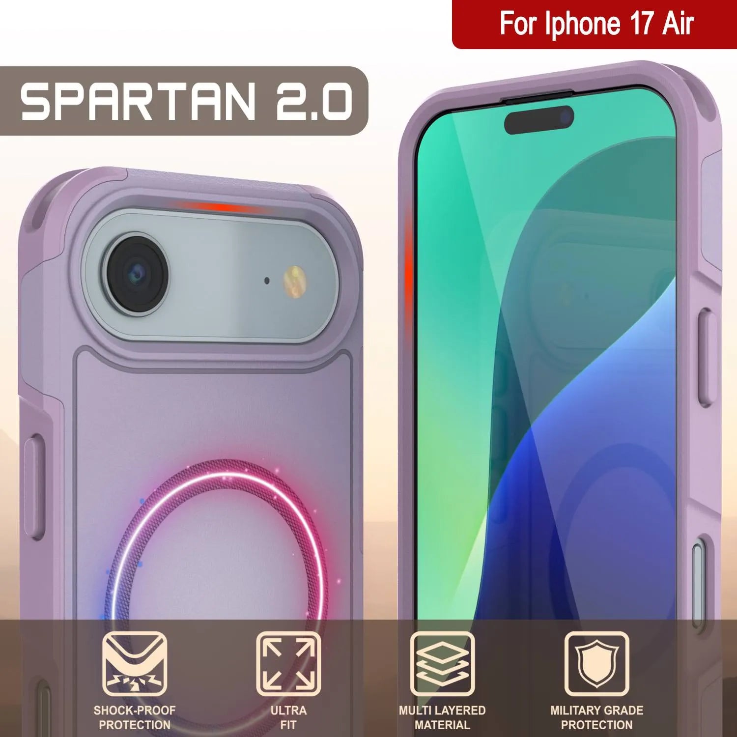 PunkCase iPhone 17 Air Case, [Spartan 2.0 Series] Clear Rugged Heavy Duty Cover W/Built in Screen Protector [lilac]