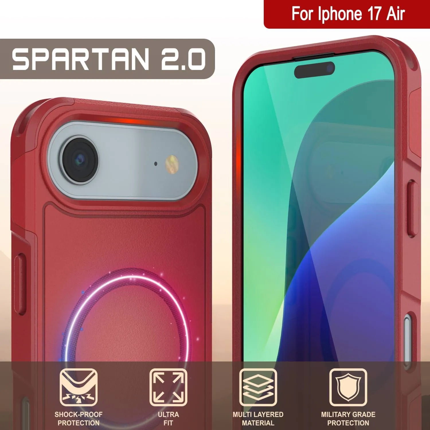 PunkCase iPhone 17 Air Case, [Spartan 2.0 Series] Clear Rugged Heavy Duty Cover W/Built in Screen Protector [red]