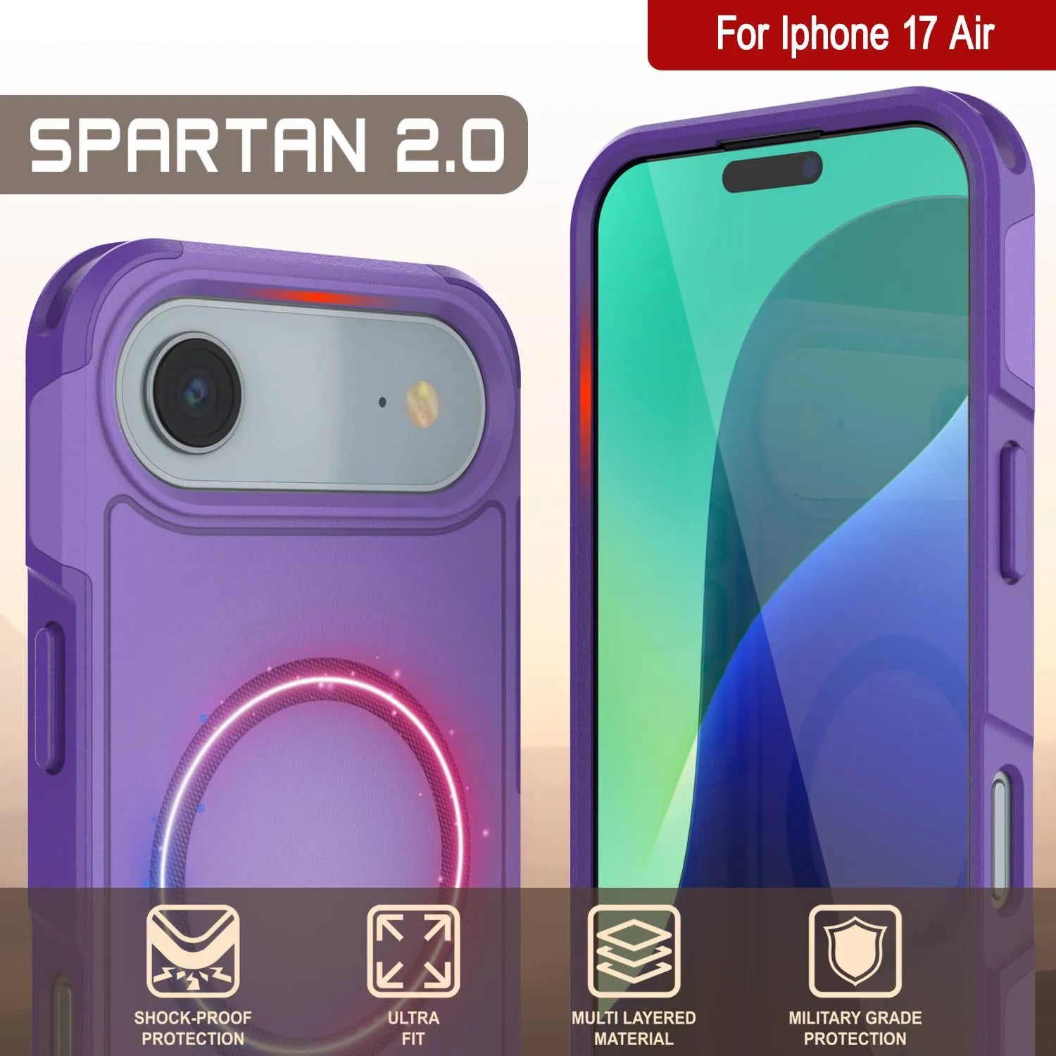 PunkCase iPhone 17 Air Case, [Spartan 2.0 Series] Clear Rugged Heavy Duty Cover W/Built in Screen Protector [purple]