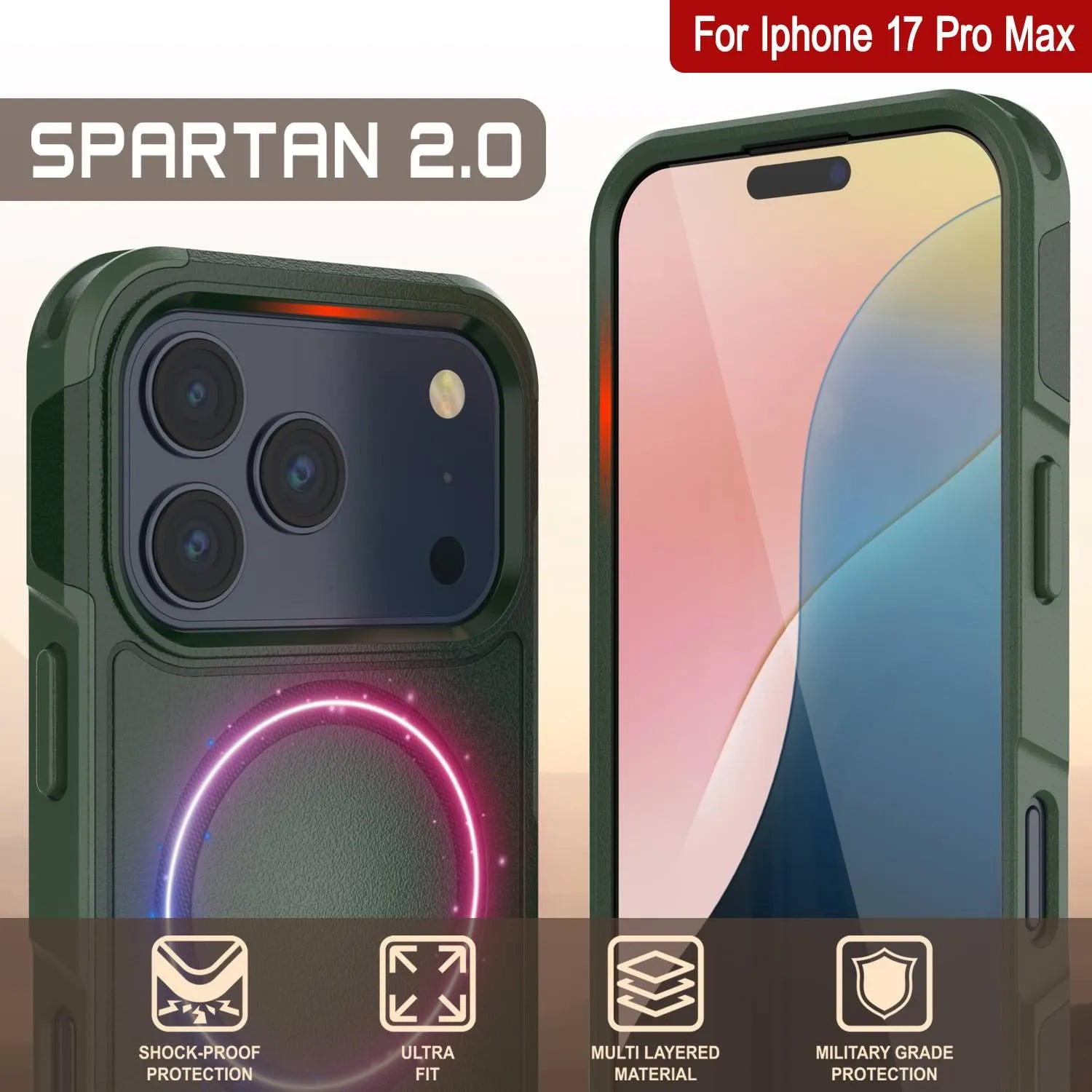 PunkCase iPhone 17 Pro Max Case, [Spartan 2.0 Series] Clear Rugged Heavy Duty Cover W/Built in Screen Protector [dark green]