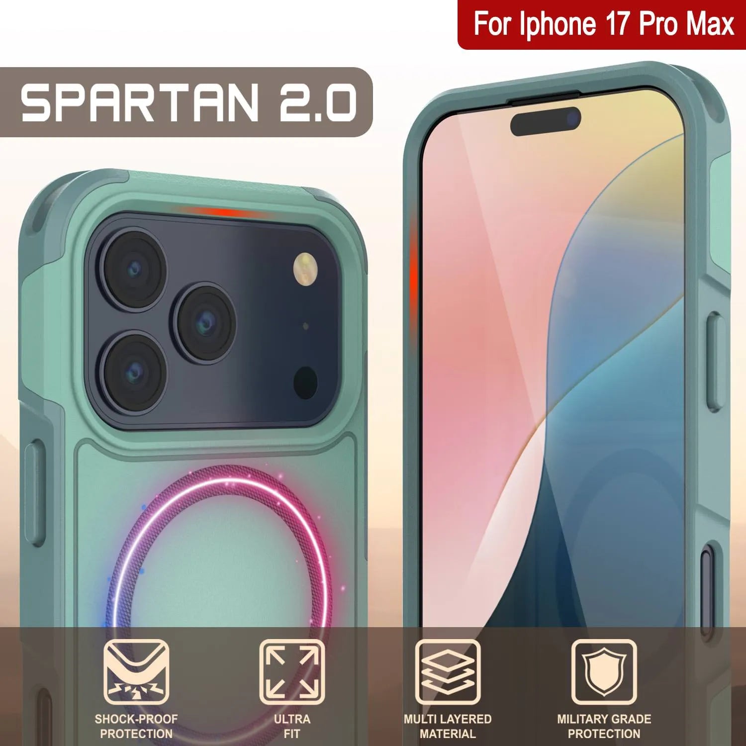 PunkCase iPhone 17 Pro Max Case, [Spartan 2.0 Series] Clear Rugged Heavy Duty Cover W/Built in Screen Protector [teal]