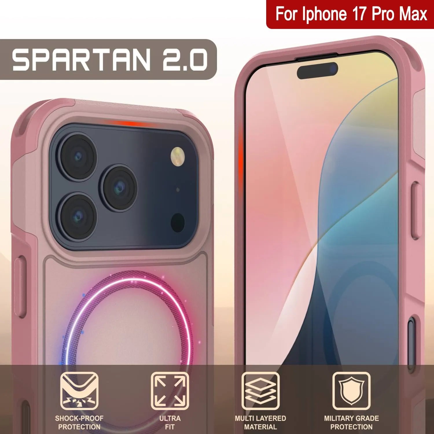 PunkCase iPhone 17 Pro Max Case, [Spartan 2.0 Series] Clear Rugged Heavy Duty Cover W/Built in Screen Protector [pink]