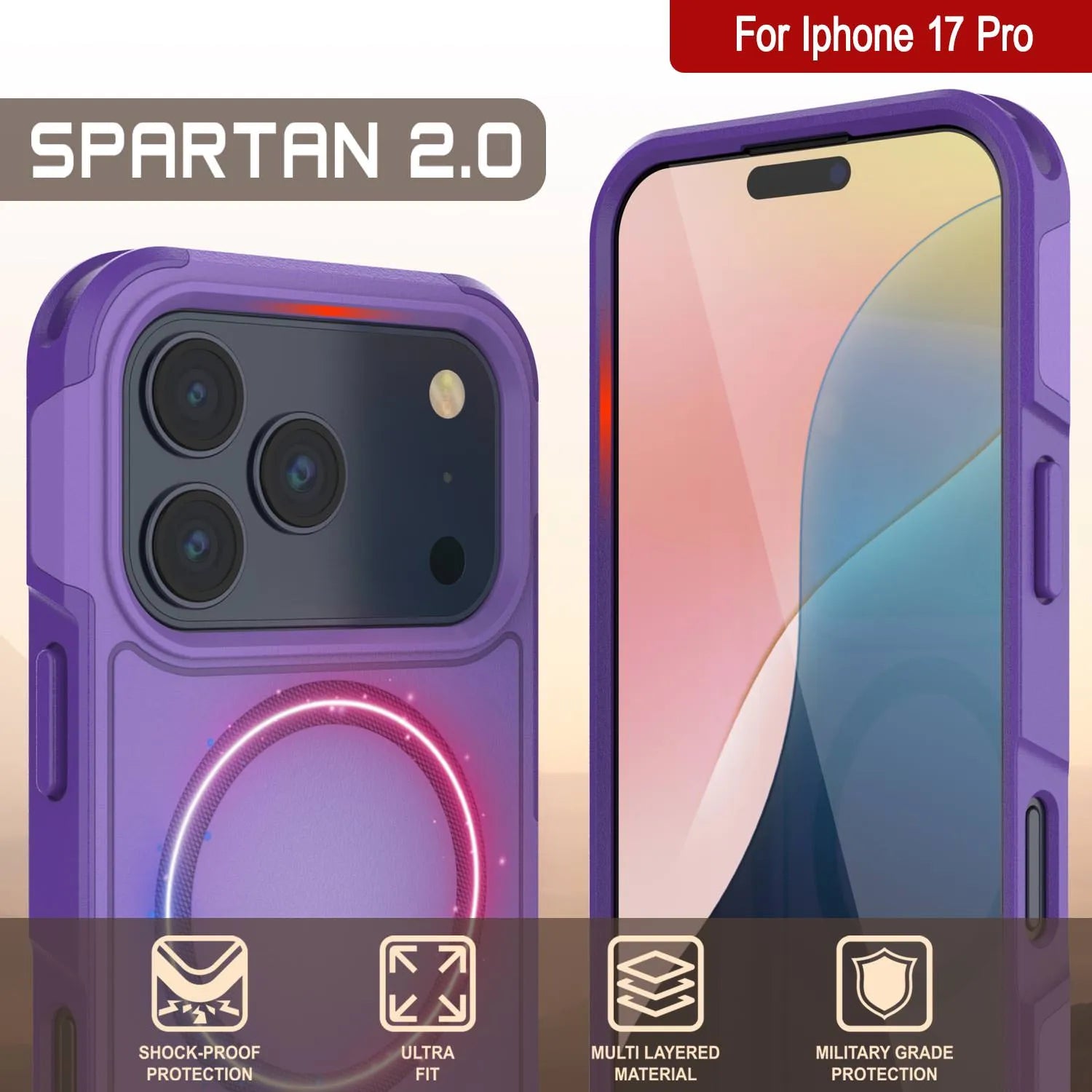 PunkCase iPhone 17 Pro Case, [Spartan 2.0 Series] Clear Rugged Heavy Duty Cover W/Built in Screen Protector [purple]