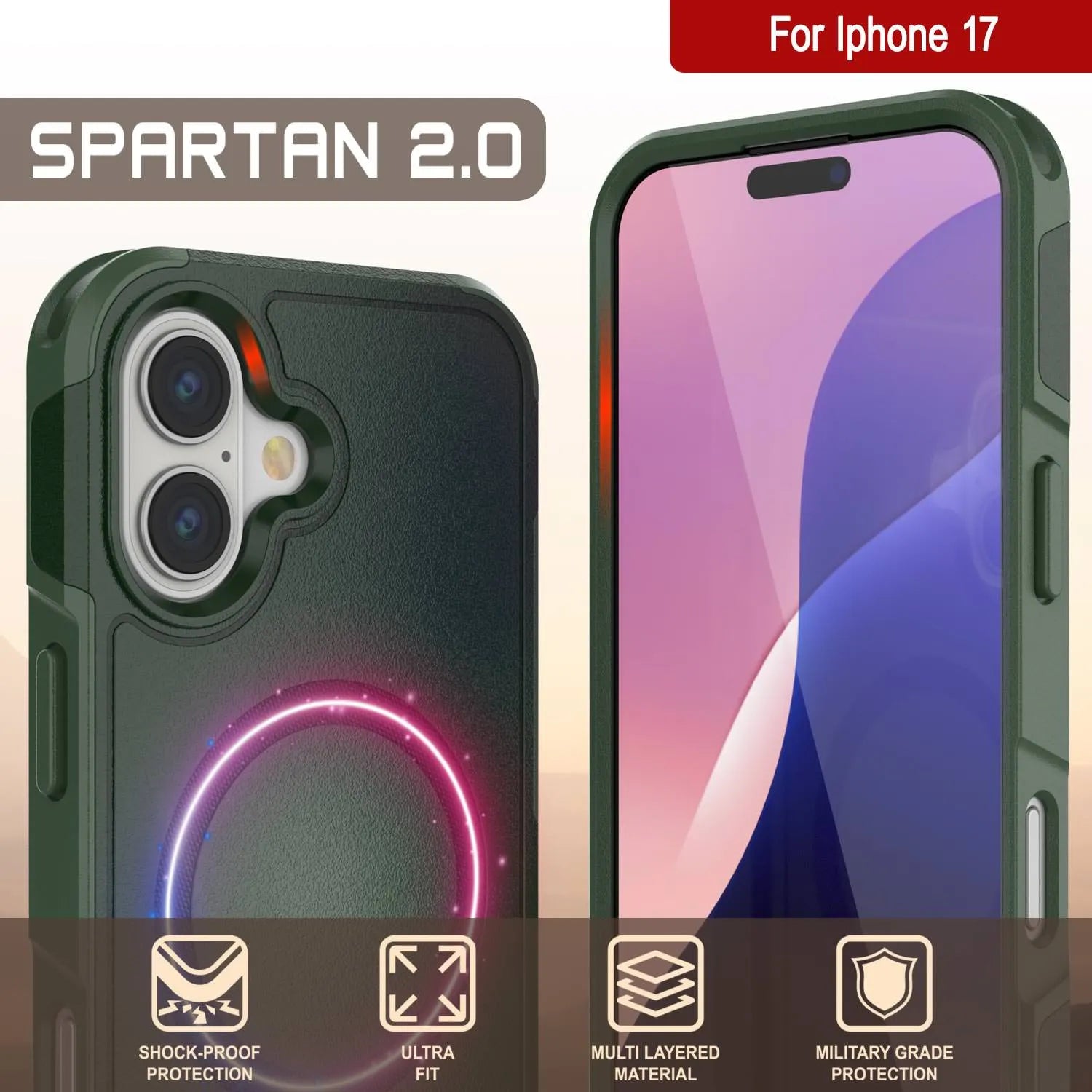 PunkCase iPhone 17 Case, [Spartan 2.0 Series] Clear Rugged Heavy Duty Cover W/Built in Screen Protector [dark green]