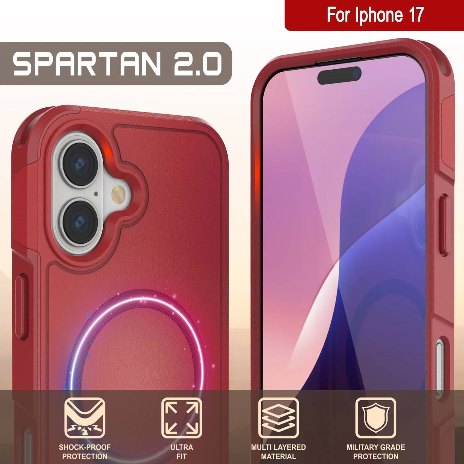 PunkCase iPhone 17 Case, [Spartan 2.0 Series] Clear Rugged Heavy Duty Cover W/Built in Screen Protector [red]