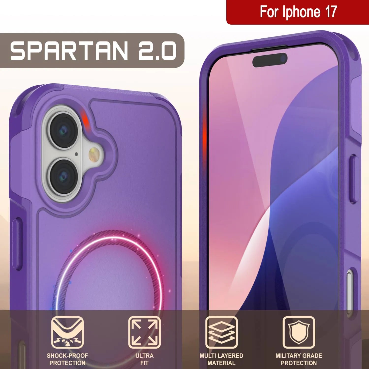 PunkCase iPhone 17 Case, [Spartan 2.0 Series] Clear Rugged Heavy Duty Cover W/Built in Screen Protector [purple]