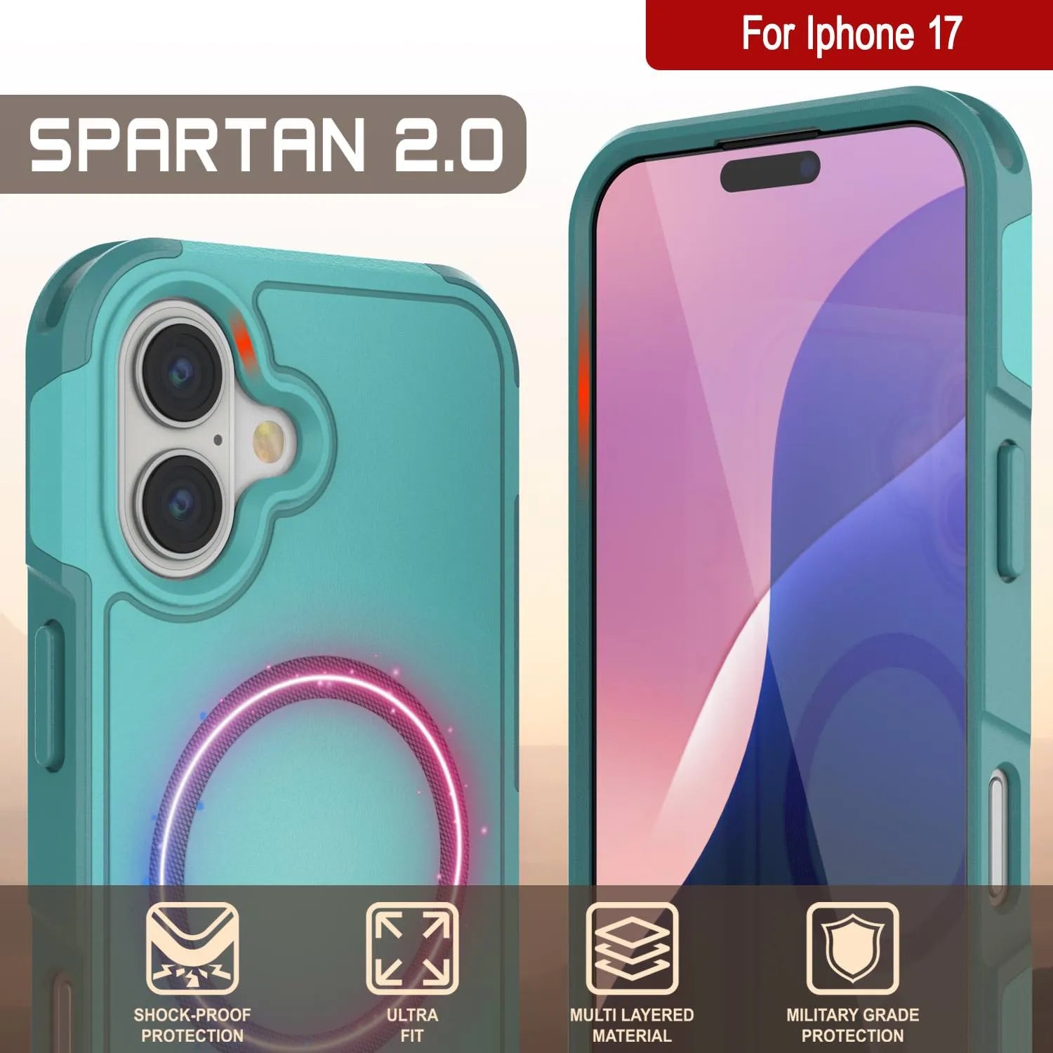 PunkCase iPhone 17 Case, [Spartan 2.0 Series] Clear Rugged Heavy Duty Cover W/Built in Screen Protector [Blue]