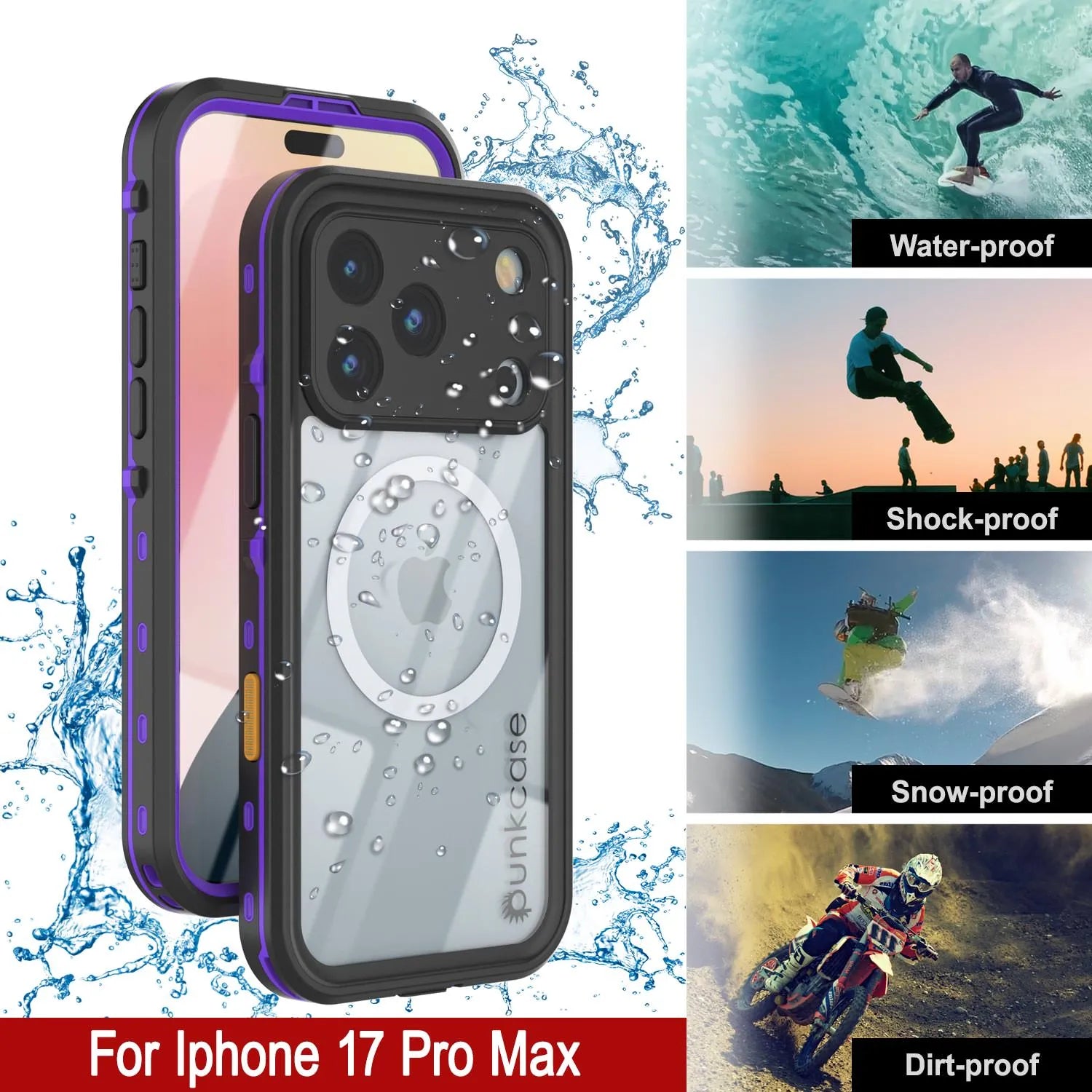 iPhone 17 Pro Max Waterproof IP68 Case, Punkcase [Purple] [StudStar Series] [Slim Fit] [Dirtproof]