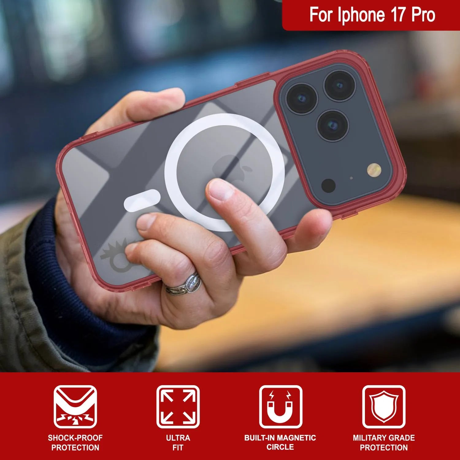 Punkcase iPhone 17 Pro Magnetic Wireless Charging Case [ClearMag Series][Red]