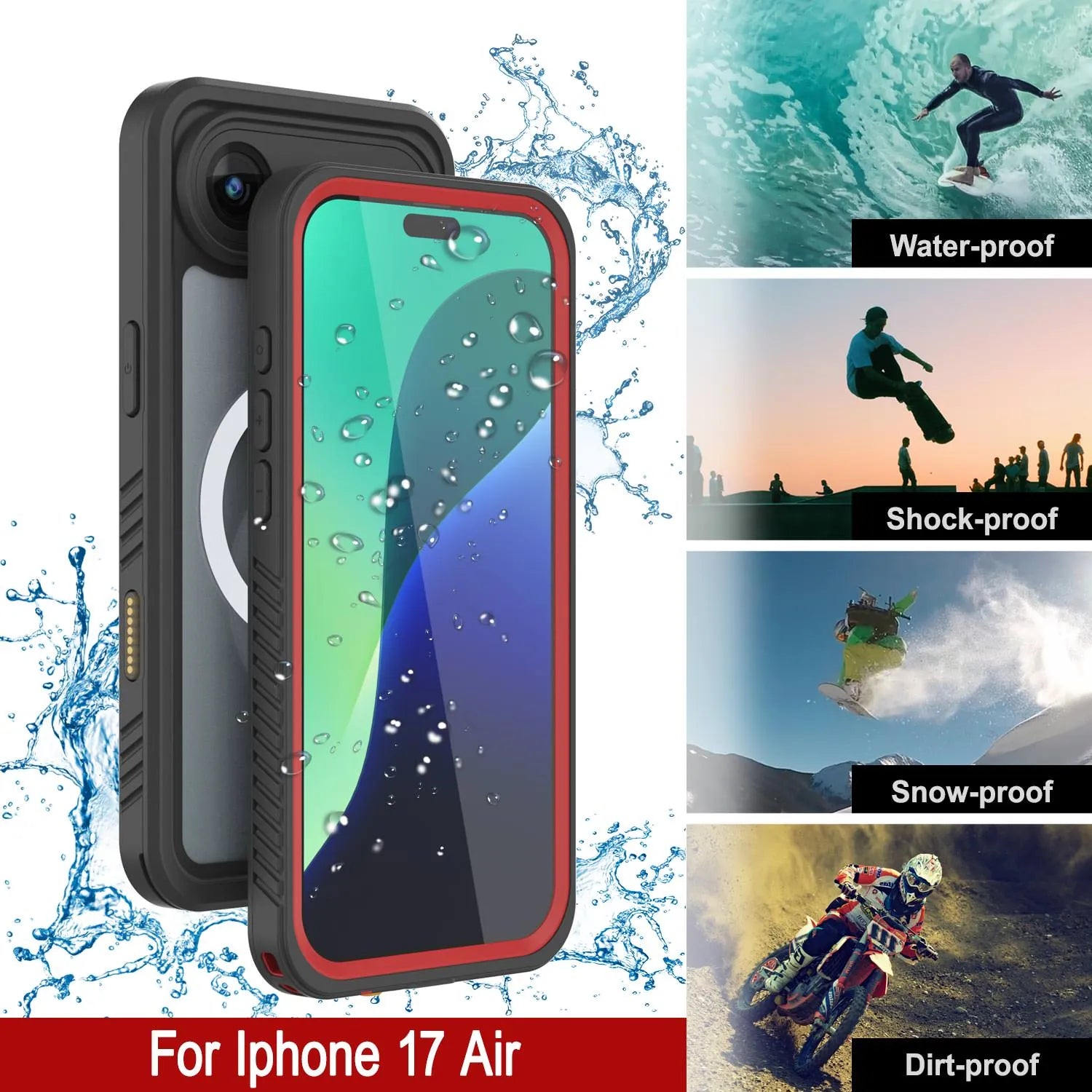 iPhone 17 Air Waterproof Case, Punkcase [Extreme Series] Armor Cover W/ Built In Screen Protector [Red]