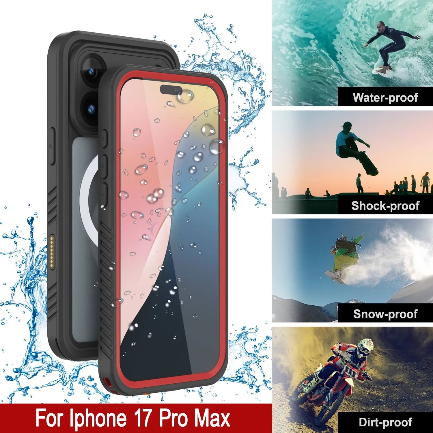 iPhone 17 Pro Max Waterproof Case, Punkcase [Extreme Series] Armor Cover W/ Built In Screen Protector [Red]
