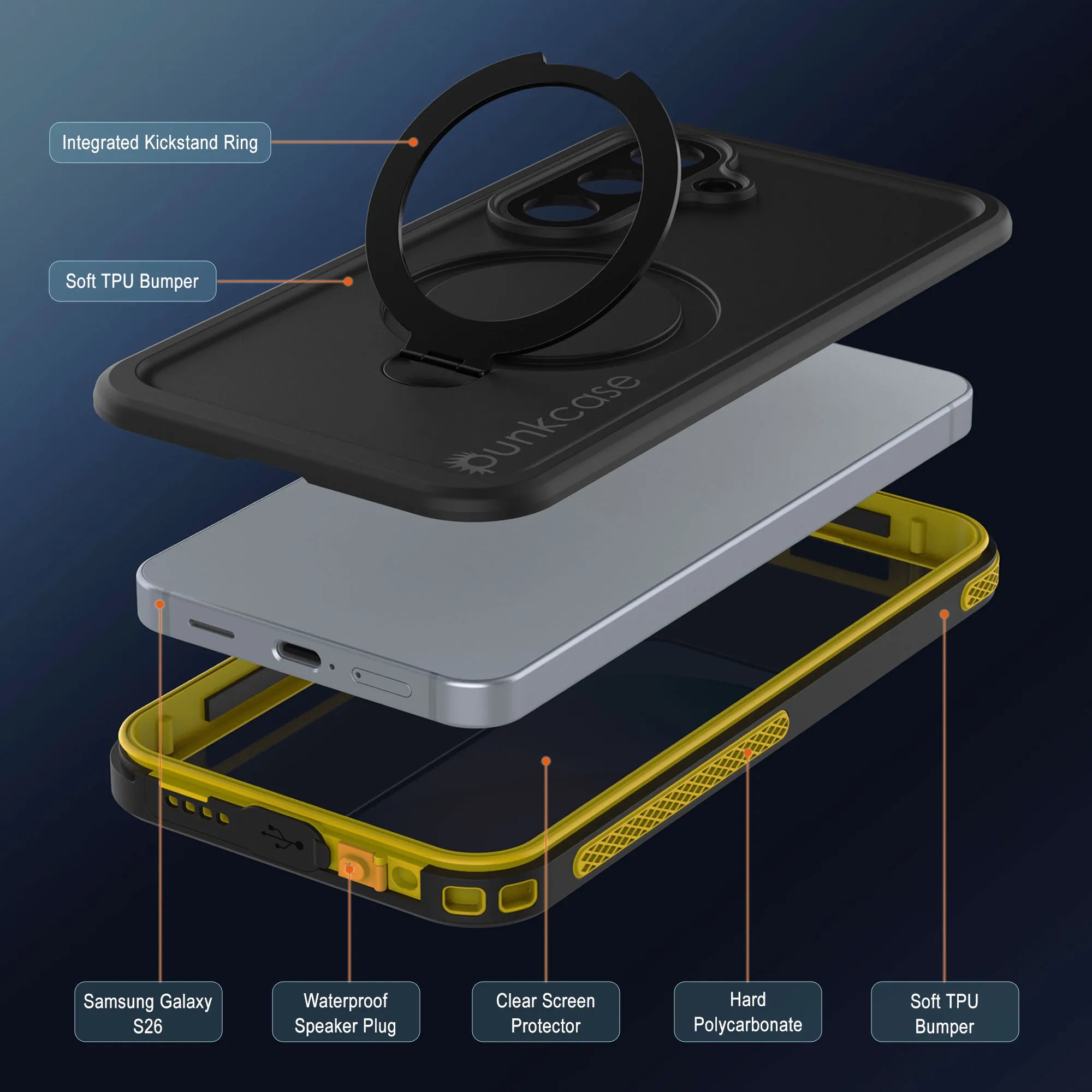 Galaxy S26 Waterproof Case [Kickstud 2.0 Series] Protective IP68 Cover W/Screen Protector & Kickstand [Yellow]