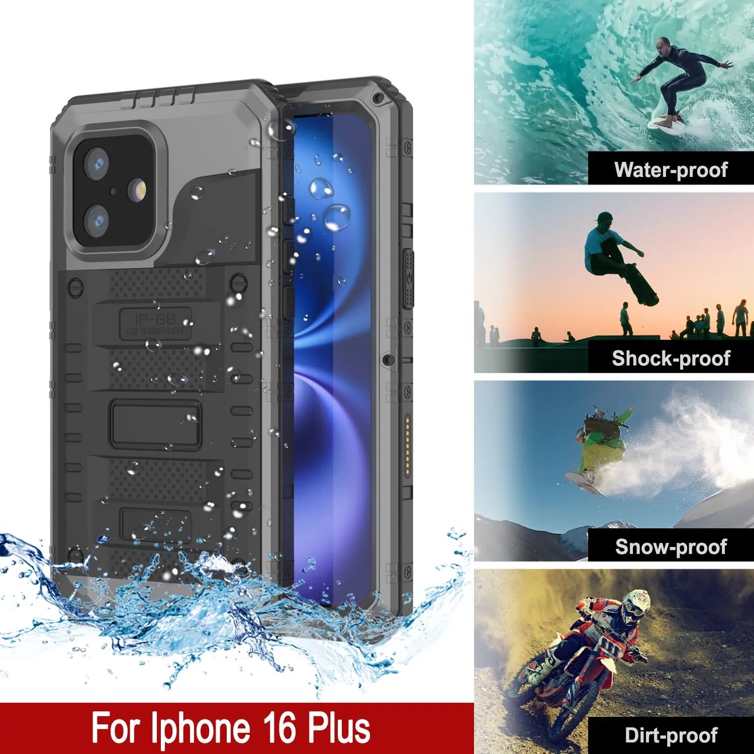 iPhone 16 Plus Metal Extreme 3.0 Series Aluminum Waterproof Case IP68 W/Buillt in Screen Protector & Kickstand [Silver]