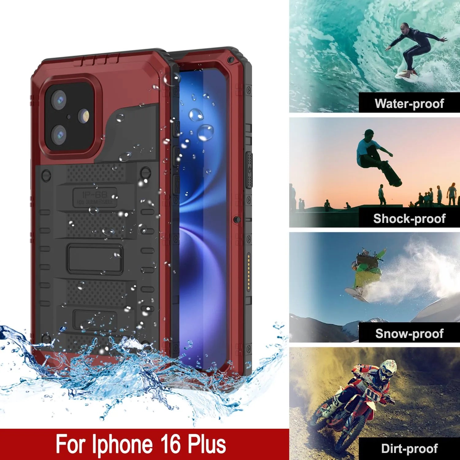 iPhone 16 Plus Metal Extreme 3.0 Series Aluminum Waterproof Case IP68 W/Buillt in Screen Protector & Kickstand [Red]