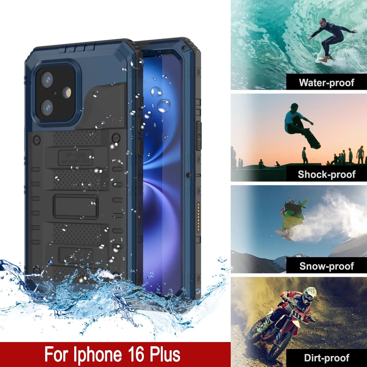 iPhone 16 Plus Metal Extreme 3.0 Series Aluminum Waterproof Case IP68 W/Buillt in Screen Protector & Kickstand [Blue]