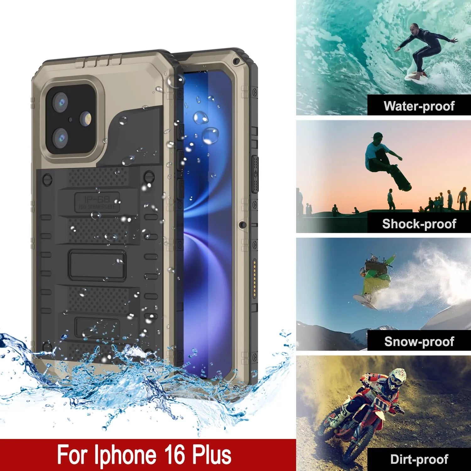 iPhone 16 Plus Metal Extreme 3.0 Series Aluminum Waterproof Case IP68 W/Buillt in Screen Protector & Kickstand [Gold]