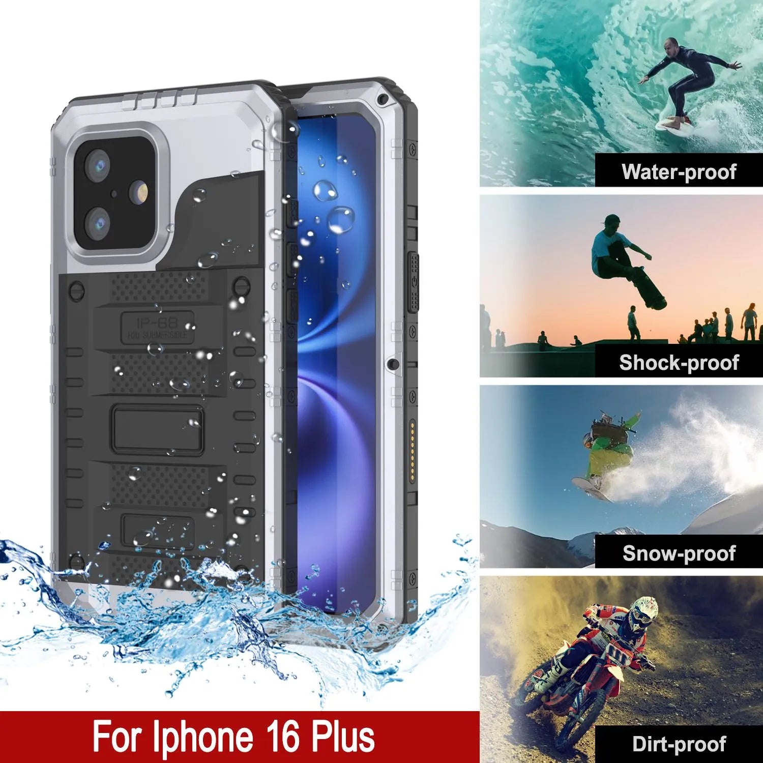 iPhone 16 Plus Metal Extreme 3.0 Series Aluminum Waterproof Case IP68 W/Buillt in Screen Protector & Kickstand [White]