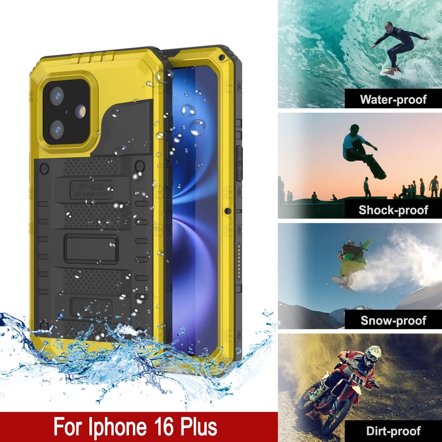 iPhone 16 Plus Metal Extreme 3.0 Series Aluminum Waterproof Case IP68 W/Buillt in Screen Protector & Kickstand [Yellow]