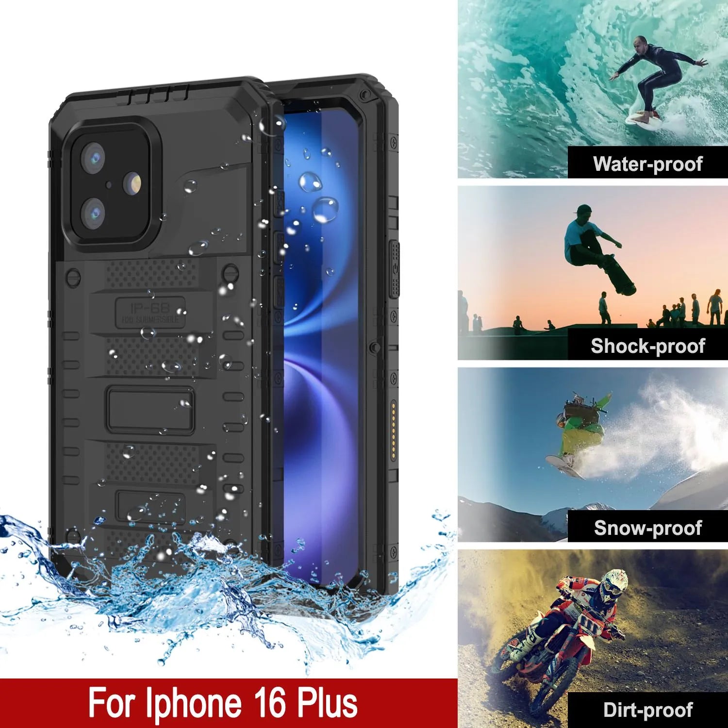 iPhone 16 Plus Metal Extreme 3.0 Series Aluminum Waterproof Case IP68 W/Buillt in Screen Protector & Kickstand [Black]