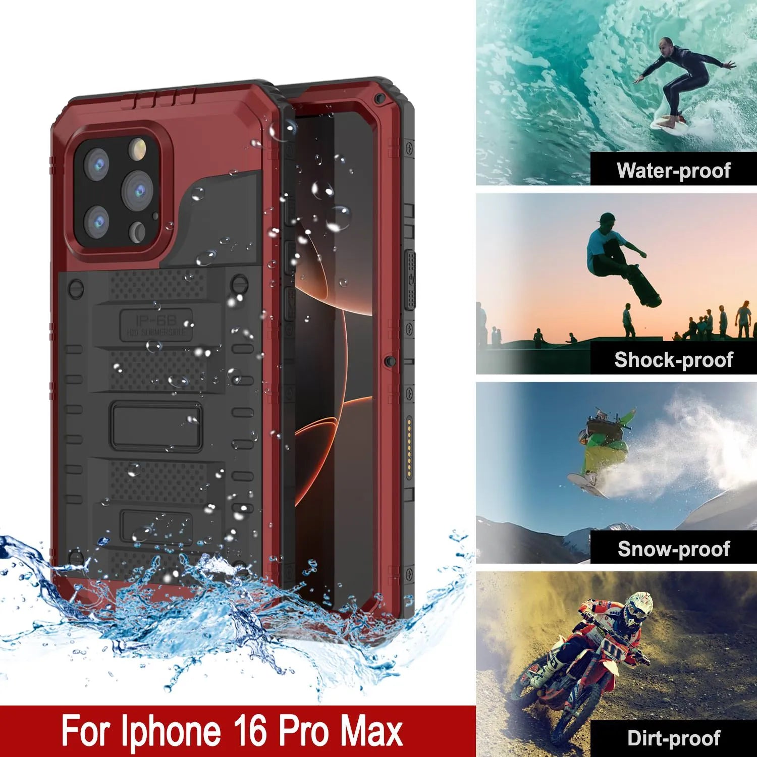 iPhone 16 Pro Max Metal Extreme 3.0 Series Aluminum Waterproof Case IP68 W/Buillt in Screen Protector & Kickstand [Red]