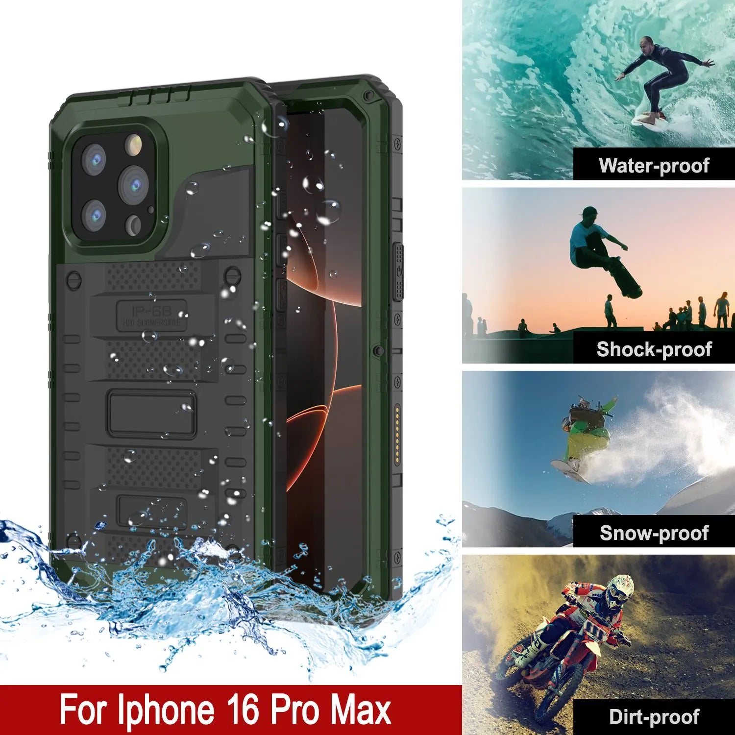 iPhone 16 Pro Max Metal Extreme 3.0 Series Aluminum Waterproof Case IP68 W/Buillt in Screen Protector & Kickstand [Dark Green]