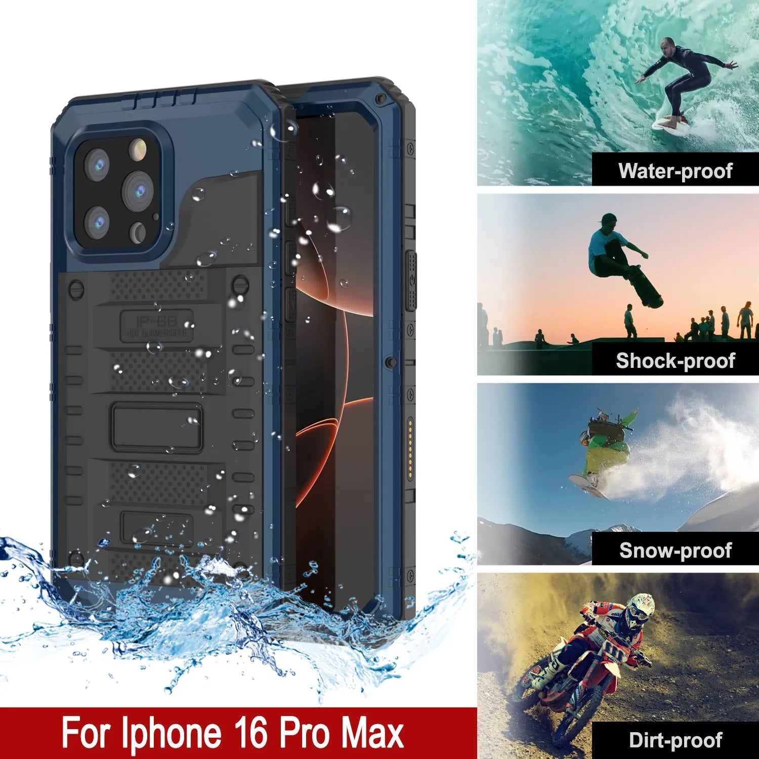 iPhone 16 Pro Max Metal Extreme 3.0 Series Aluminum Waterproof Case IP68 W/Buillt in Screen Protector & Kickstand [Blue]