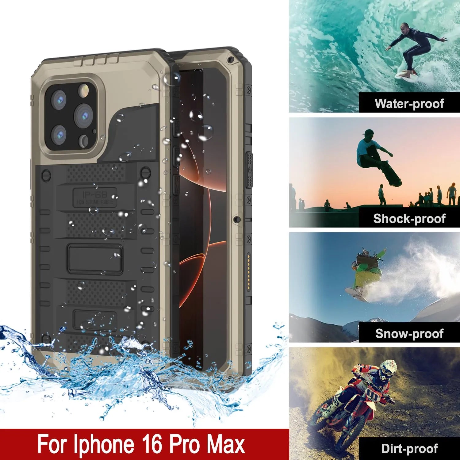 iPhone 16 Pro Max Metal Extreme 3.0 Series Aluminum Waterproof Case IP68 W/Buillt in Screen Protector & Kickstand [Gold]