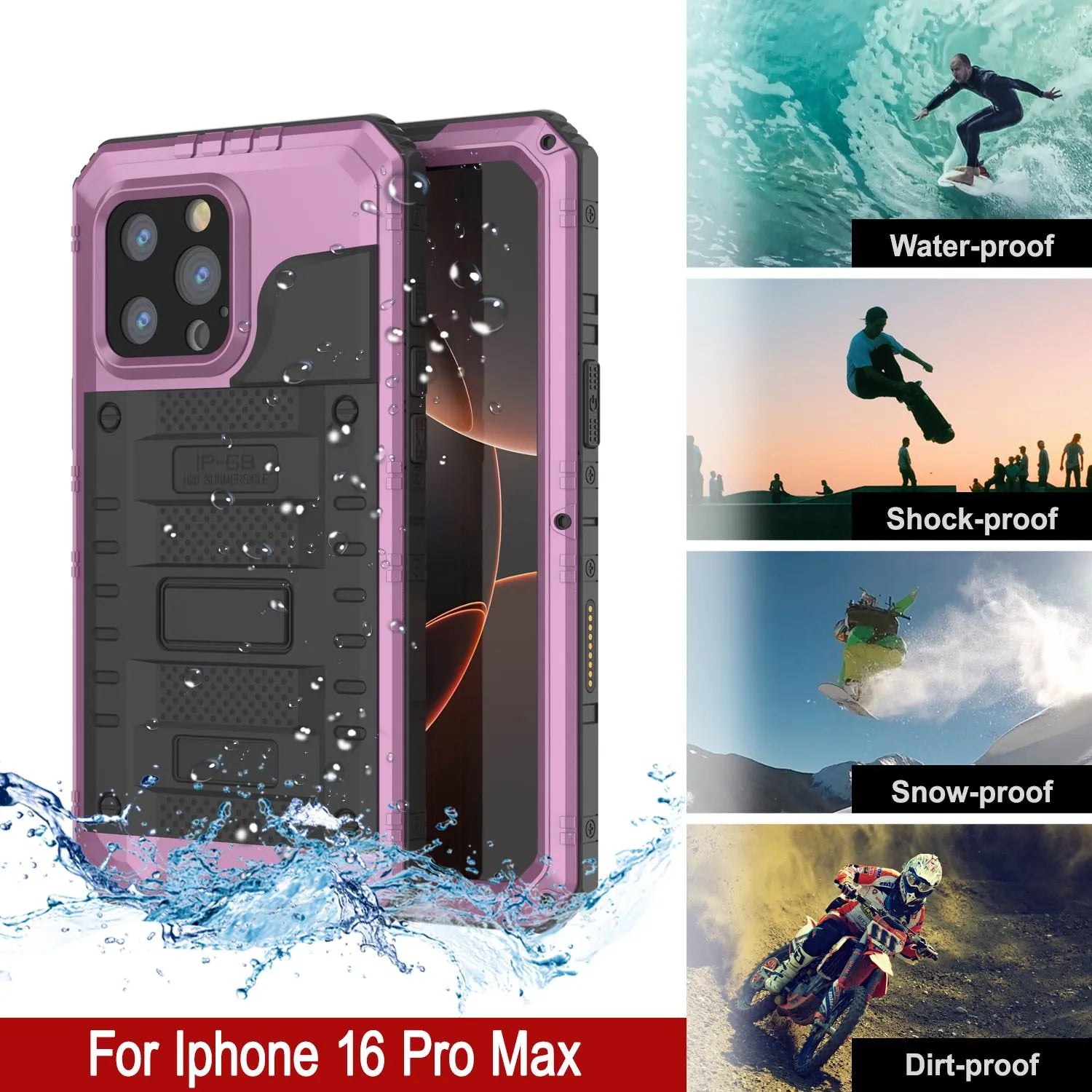 iPhone 16 Pro Max Metal Extreme 3.0 Series Aluminum Waterproof Case IP68 W/Buillt in Screen Protector & Kickstand [Pink]