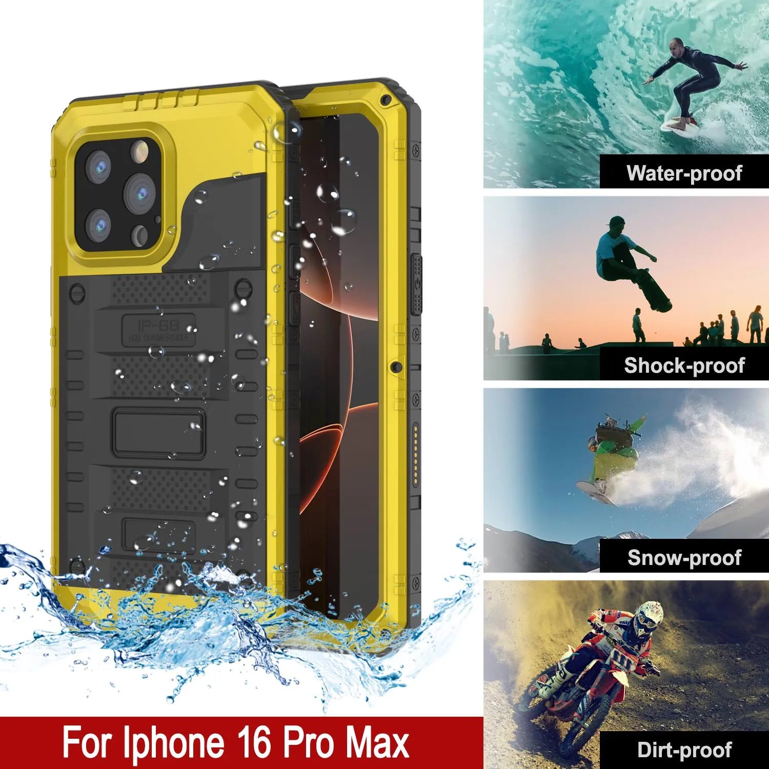 iPhone 16 Pro Max Metal Extreme 3.0 Series Aluminum Waterproof Case IP68 W/Buillt in Screen Protector & Kickstand [Yellow]