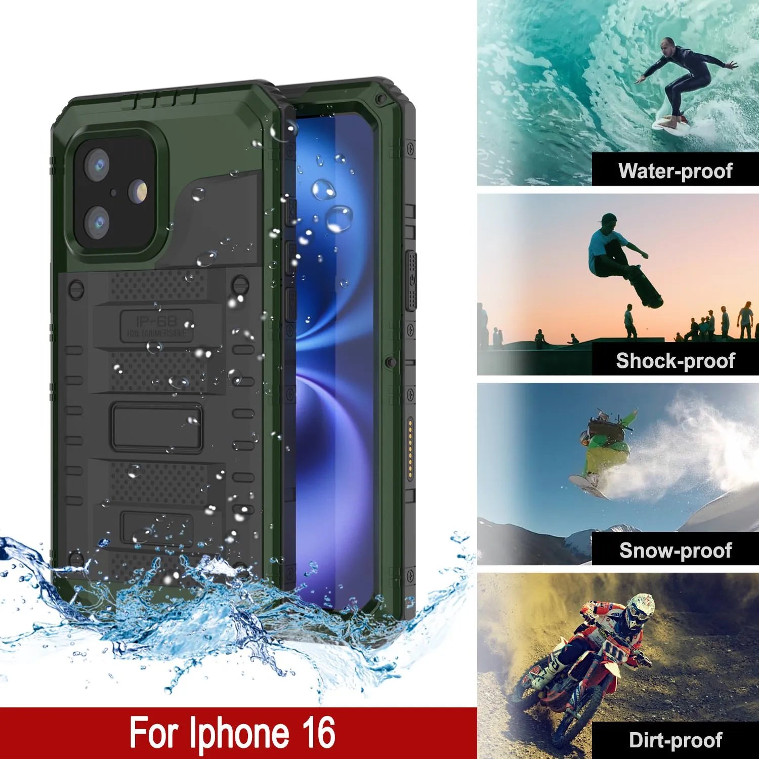 iPhone 16 Metal Extreme 3.0 Series Aluminum Waterproof Case IP68 W/Buillt in Screen Protector & Kickstand [Dark Green]