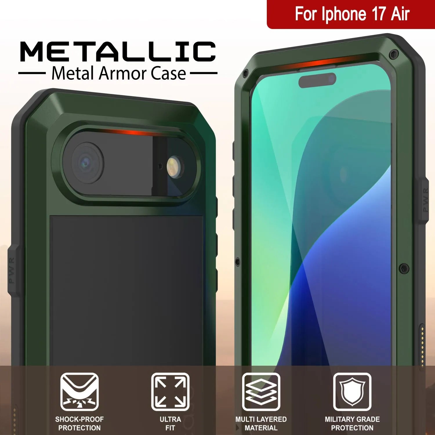 iPhone 17 Air Metal Case, Heavy Duty Military Grade Armor Cover [shock proof] Full Body Hard [Dark Green]
