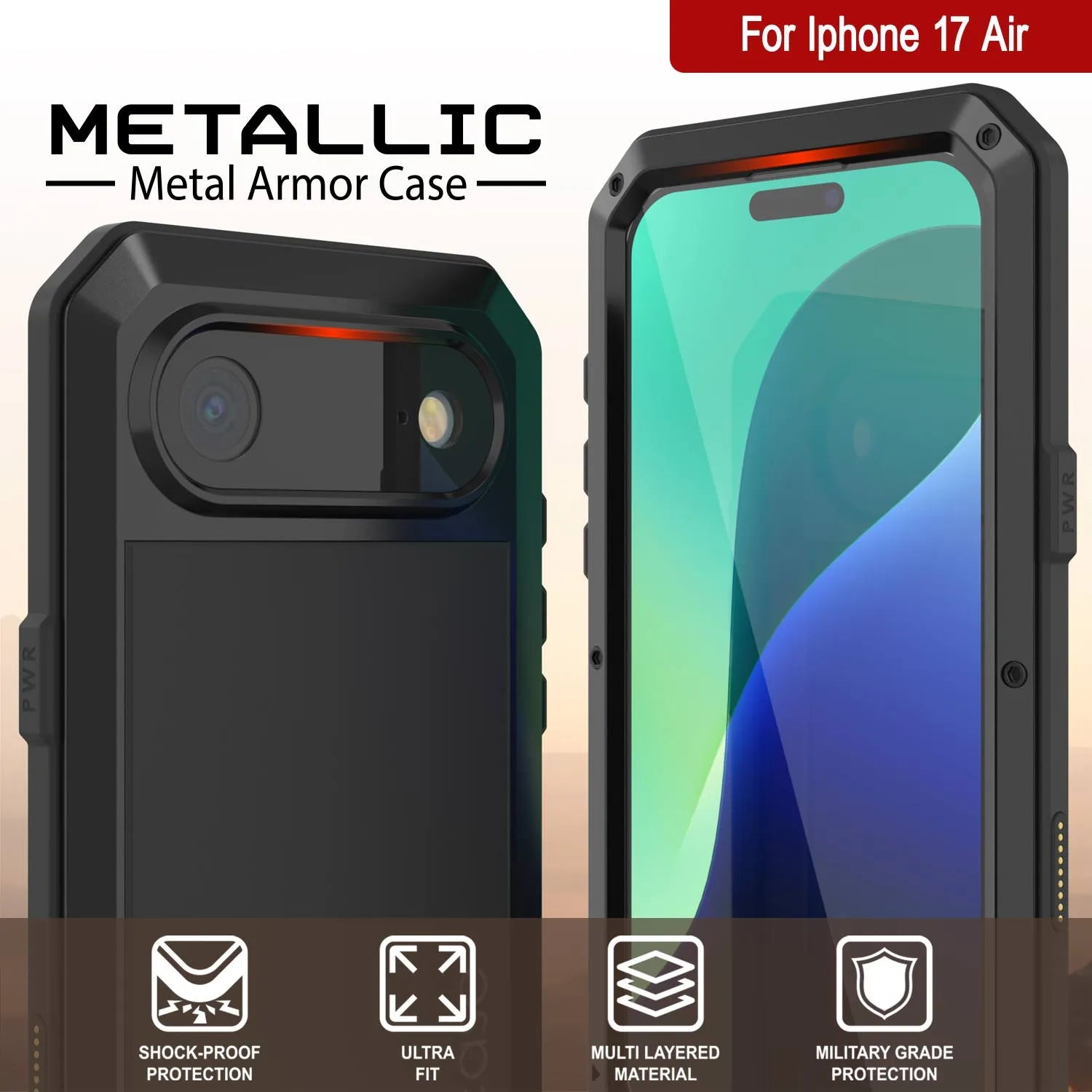 iPhone 17 Air Metal Case, Heavy Duty Military Grade Armor Cover [shock proof] Full Body Hard [Black]