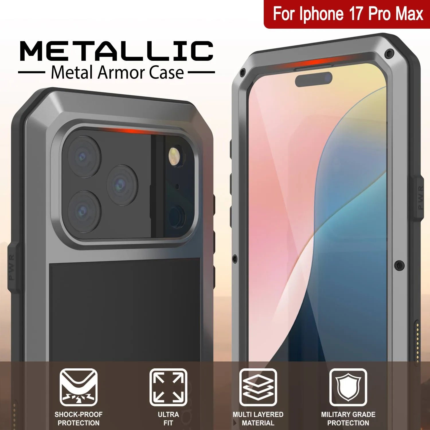 iPhone 17 Pro Max Metal Case, Heavy Duty Military Grade Armor Cover [shock proof] Full Body Hard [Silver]