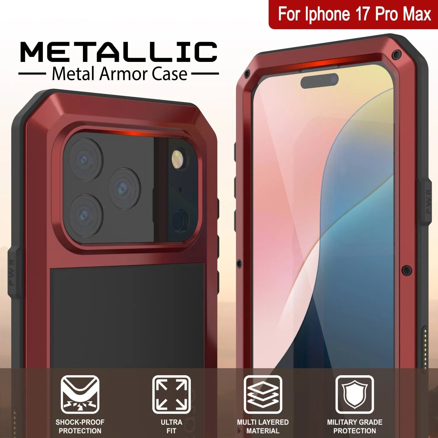 iPhone 17 Pro Max Metal Case, Heavy Duty Military Grade Armor Cover [shock proof] Full Body Hard [Red]
