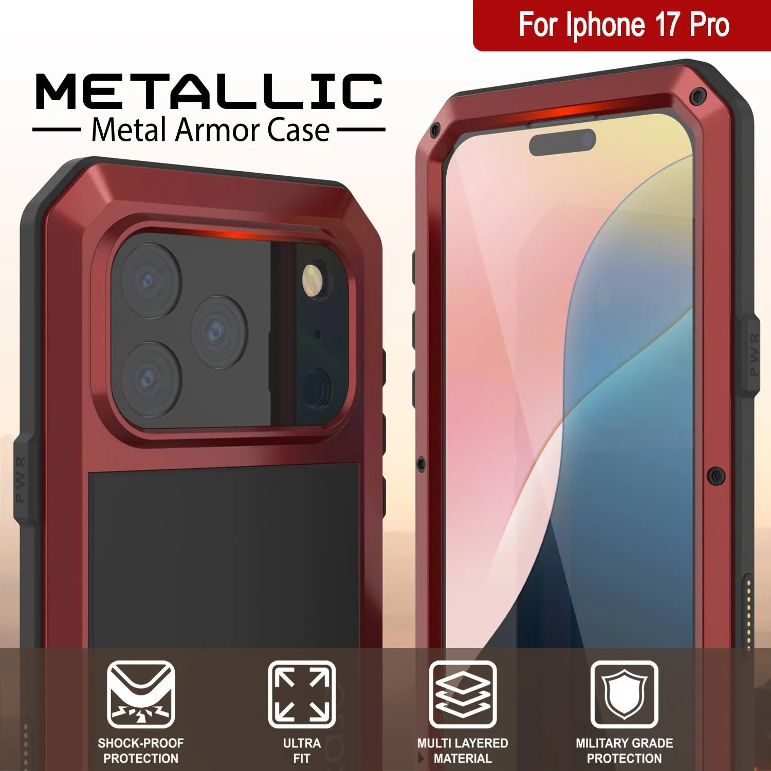 iPhone 17 Pro Metal Case, Heavy Duty Military Grade Armor Cover [shock proof] Full Body Hard [Red]