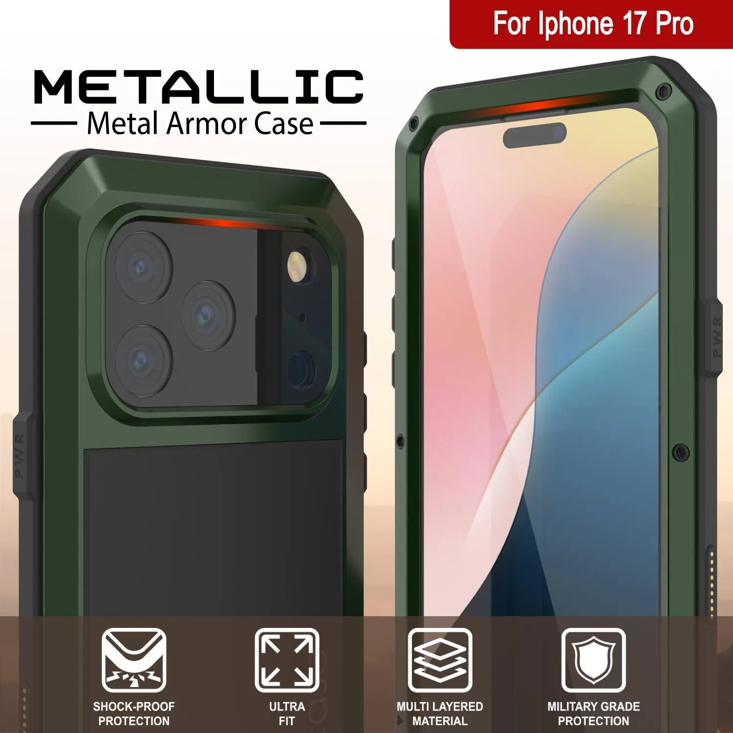 iPhone 17 Pro Metal Case, Heavy Duty Military Grade Armor Cover [shock proof] Full Body Hard [Dark Green]