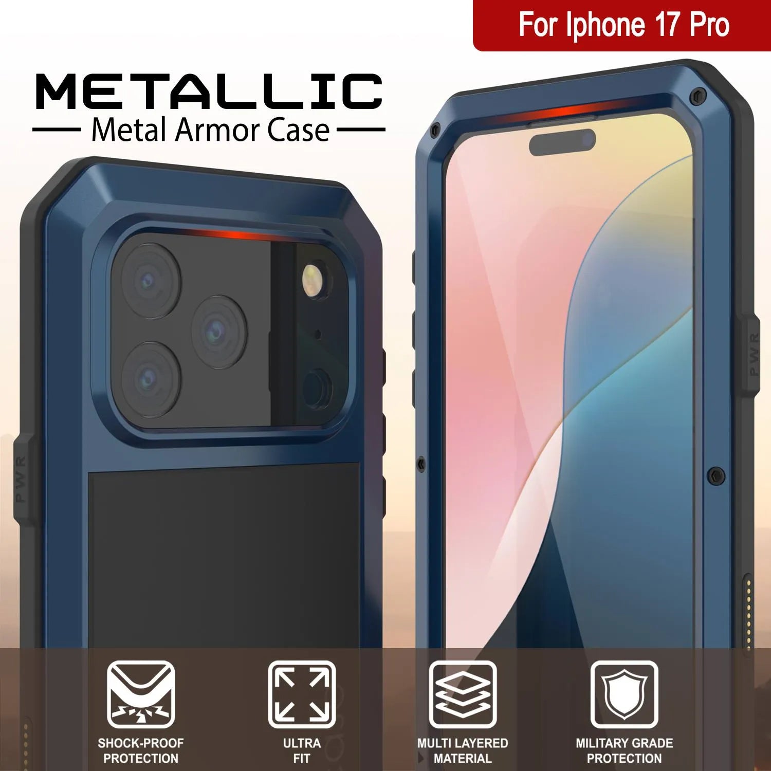 iPhone 17 Pro Metal Case, Heavy Duty Military Grade Armor Cover [shock proof] Full Body Hard [Blue]