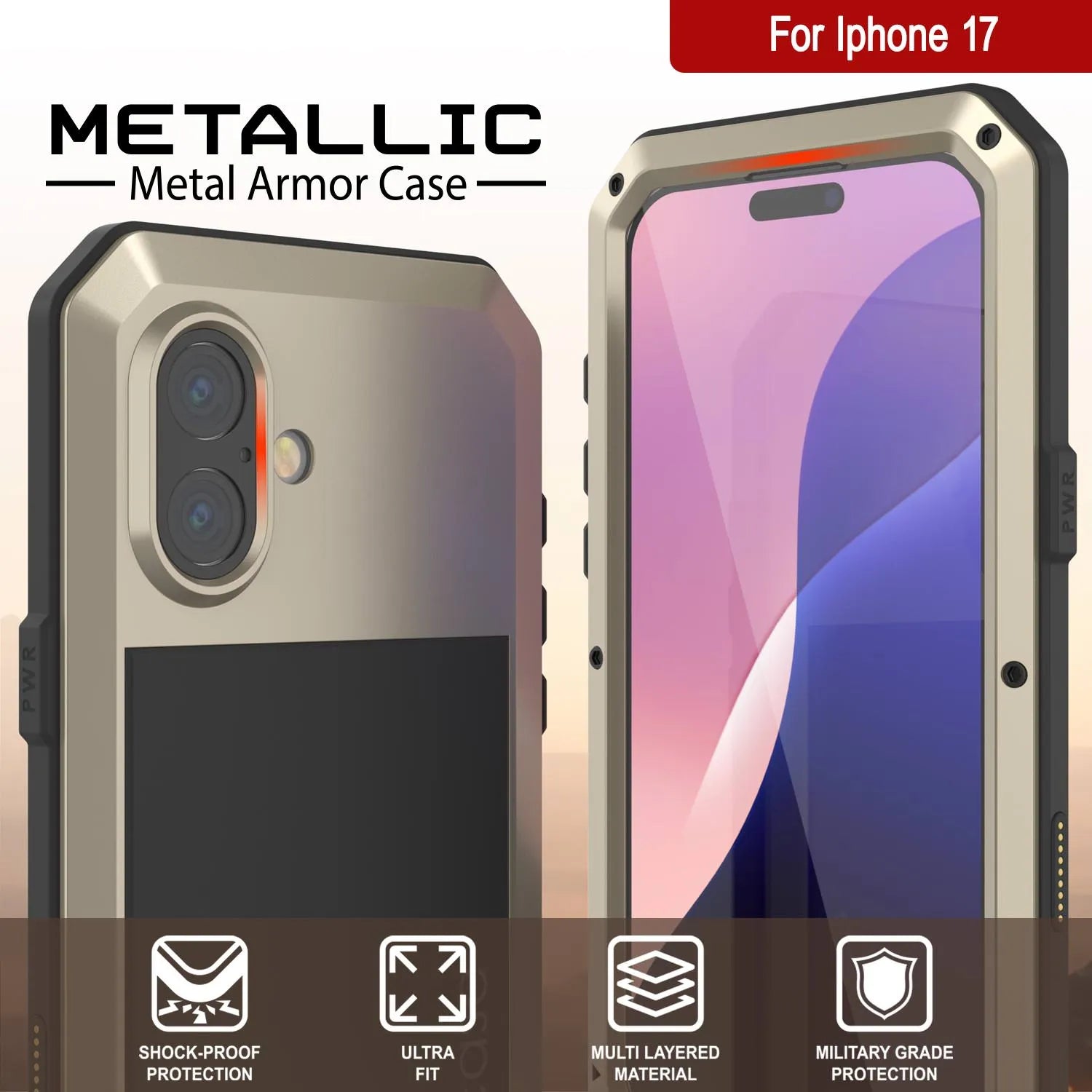 iPhone 17 Metal Case, Heavy Duty Military Grade Armor Cover [shock proof] Full Body Hard [Gold]