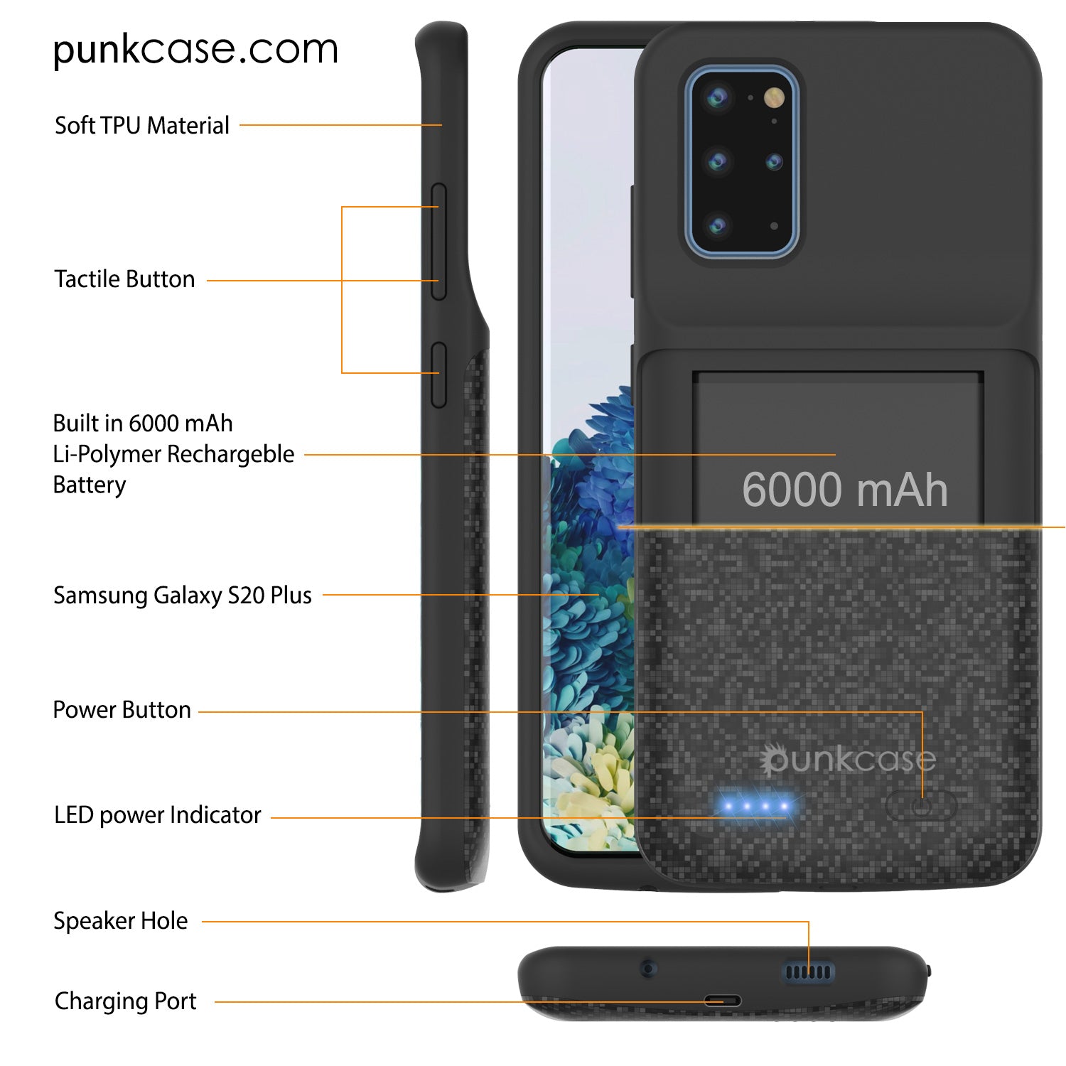 PunkJuice S20+ Plus Battery Case Patterned Black - Fast Charging Power Juice Bank with 6000mAh