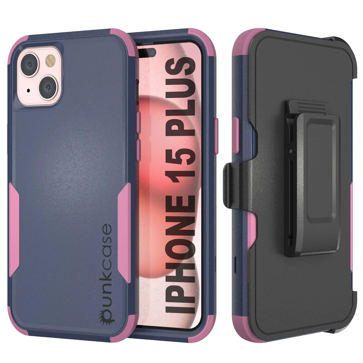 Punkcase for iPhone 15 Plus Belt Clip Multilayer Holster Case [Patron Series] [Navy Pink]
