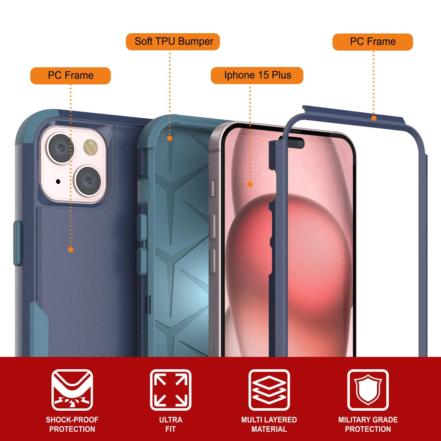 Punkcase for iPhone 15 Plus Belt Clip Multilayer Holster Case [Patron Series] [Navy Blue]