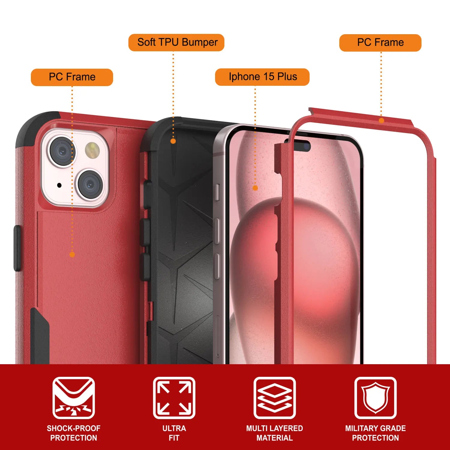 Punkcase for iPhone 15 Plus Belt Clip Multilayer Holster Case [Patron Series] [Red-Black]