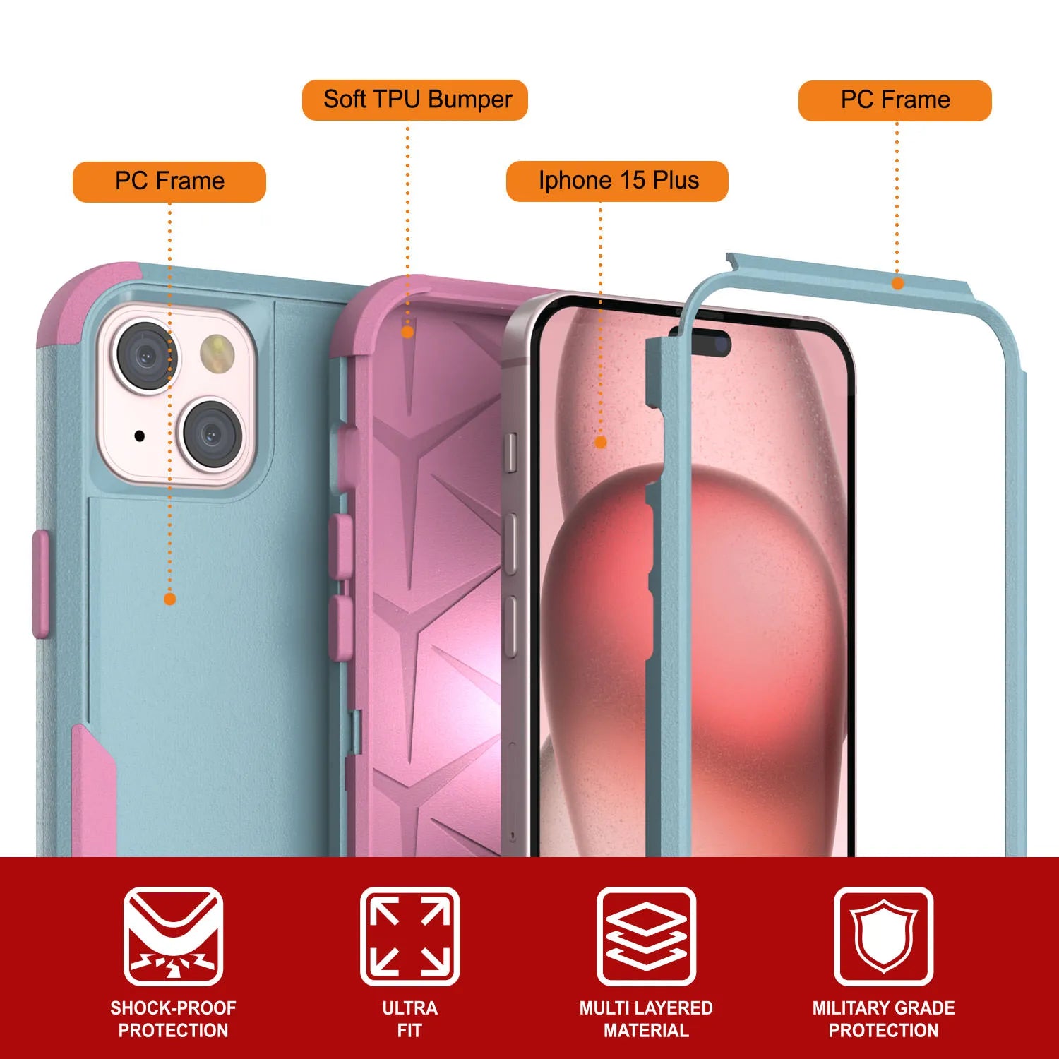 Punkcase for iPhone 15 Plus Belt Clip Multilayer Holster Case [Patron Series] [Mint-Pink]