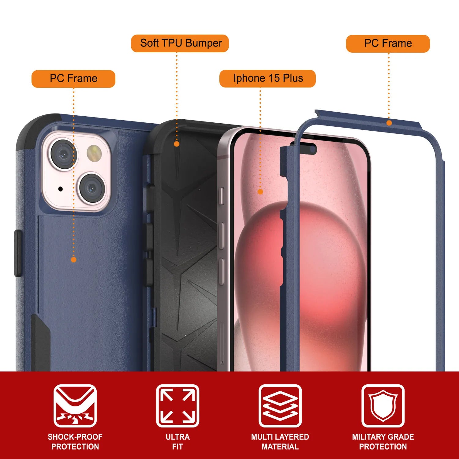 Punkcase for iPhone 15 Plus Belt Clip Multilayer Holster Case [Patron Series] [Navy Black]