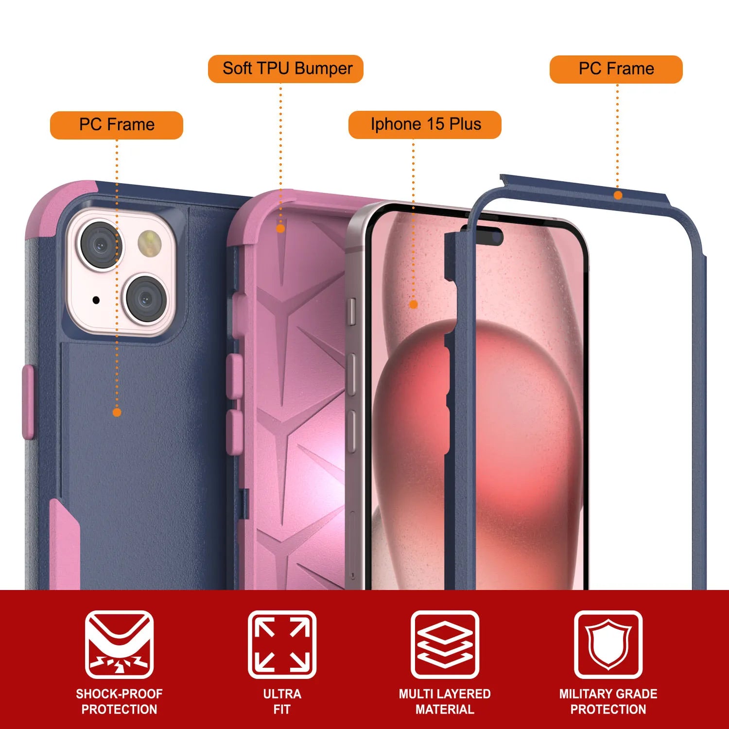 Punkcase for iPhone 15 Plus Belt Clip Multilayer Holster Case [Patron Series] [Navy Pink]