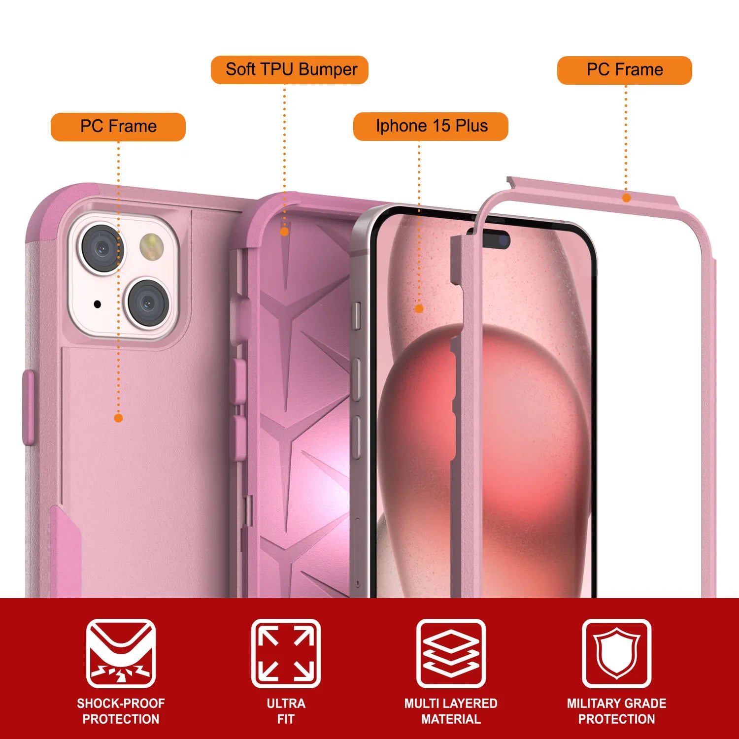 Punkcase for iPhone 15 Plus Belt Clip Multilayer Holster Case [Patron Series] [Pink]