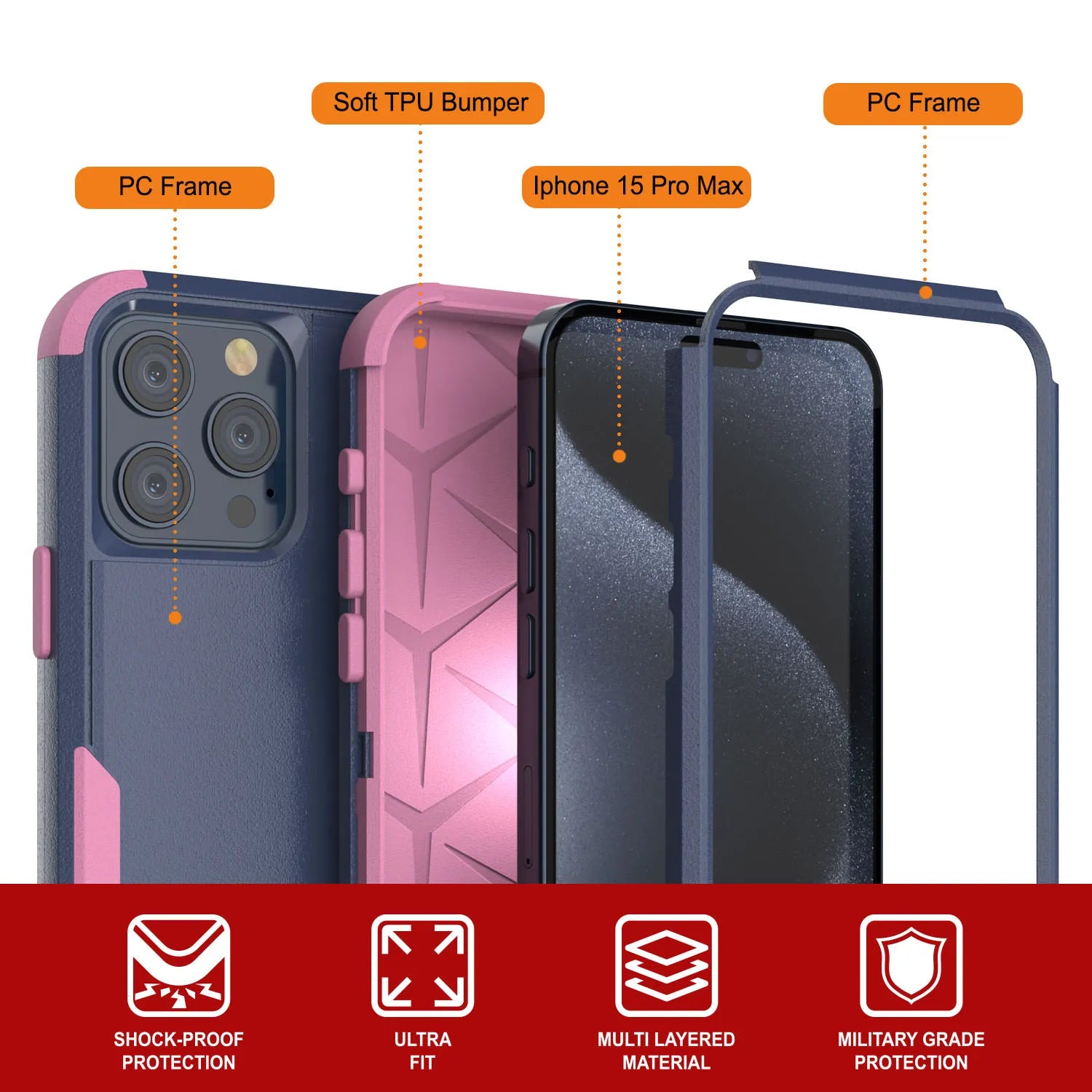 Punkcase for iPhone 15 Pro Max Belt Clip Multilayer Holster Case [Patron Series] [Navy Pink]