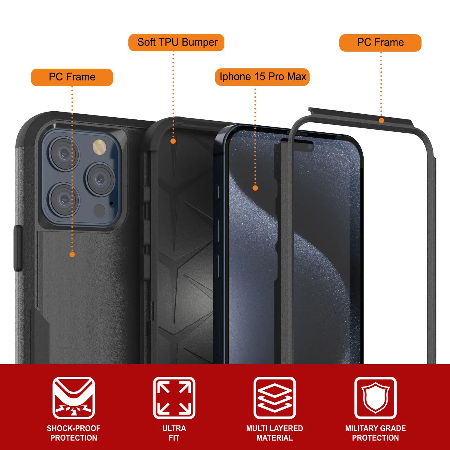 Punkcase for iPhone 15 Pro Max Belt Clip Multilayer Holster Case [Patron Series] [Black]