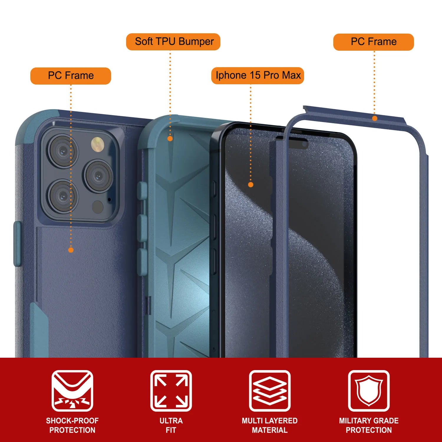 Punkcase for iPhone 15 Pro Max Belt Clip Multilayer Holster Case [Patron Series] [Navy Blue]