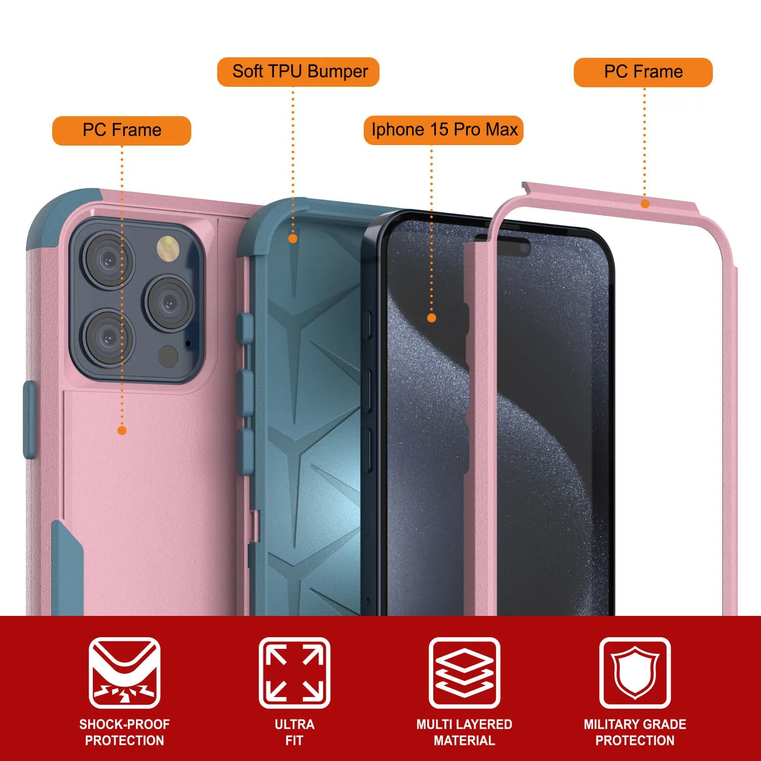 Punkcase for iPhone 15 Pro Max Belt Clip Multilayer Holster Case [Patron Series] [Pink-Blue]